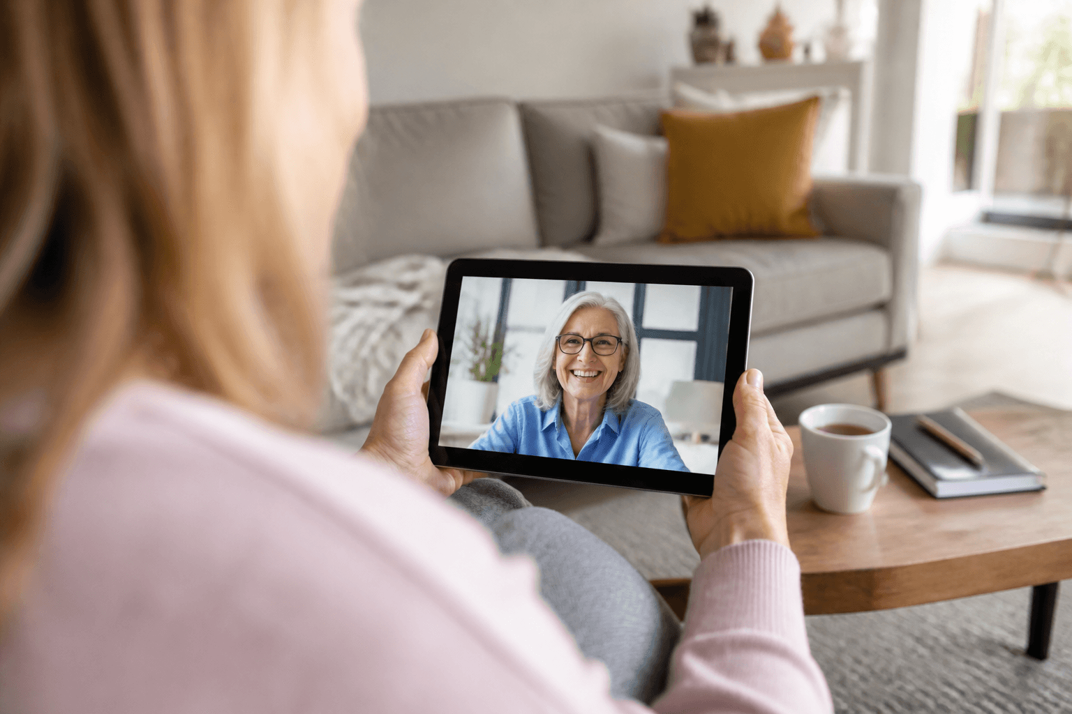 Caregiver on a video call connecting with family during the day