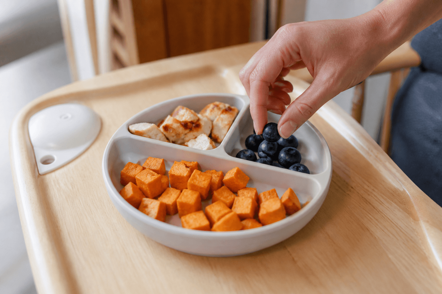 Toddler meal plate with chicken, sweet potato, and blueberries on a highchair tray