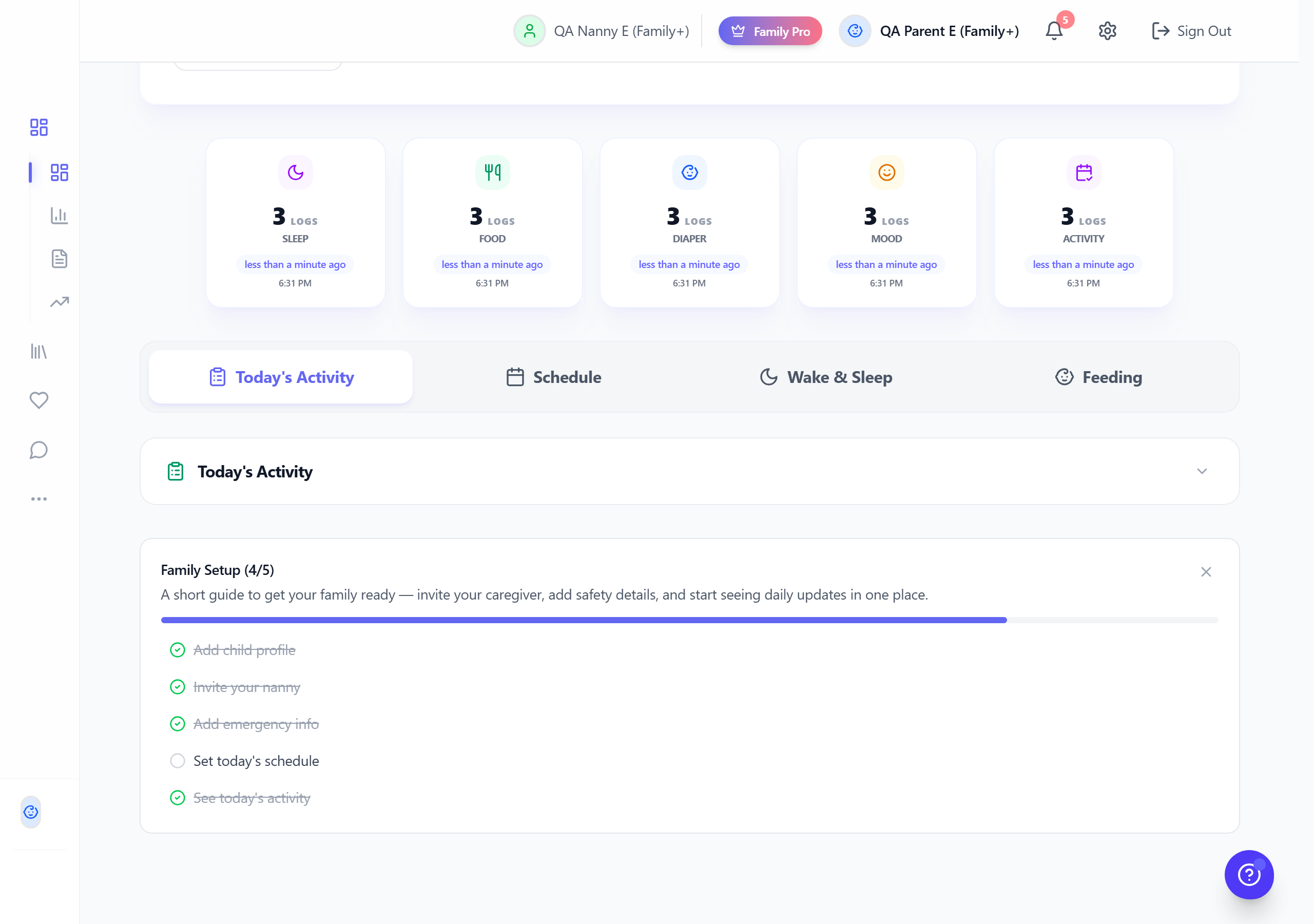 Parent dashboard showing real-time care activity